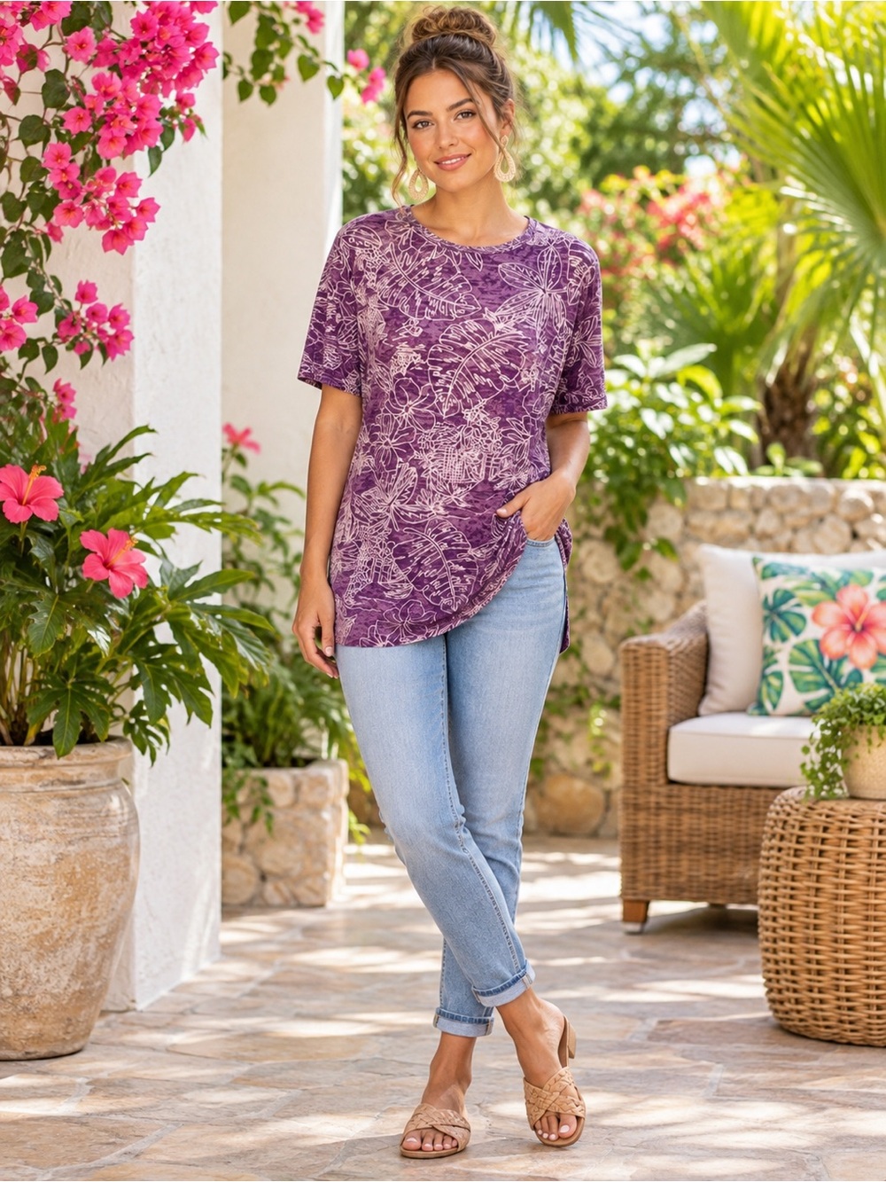 Cathy Daniels Purple Tropical Floral Leaf Print Tunic Tee Size Large